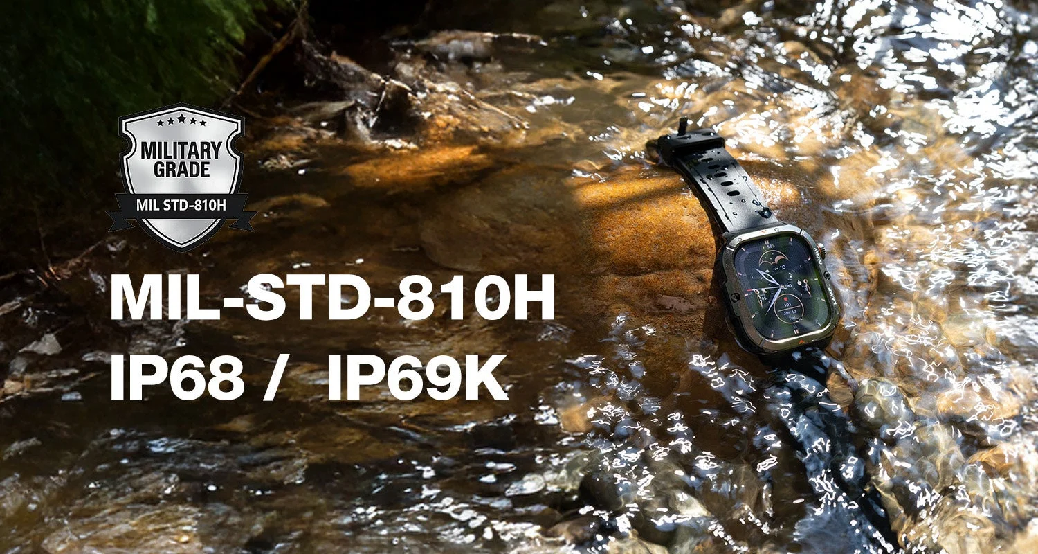 小川の中に置かれた耐久性の高いスマートウォッチ