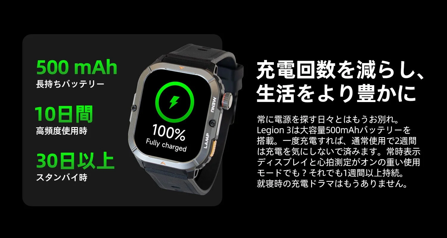 Legion 3スマートウォッチの長持ちバッテリー性能を示す画像