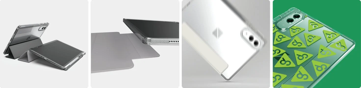 透明な保護ケースと折りたたみ式スタンド付きのタブレット